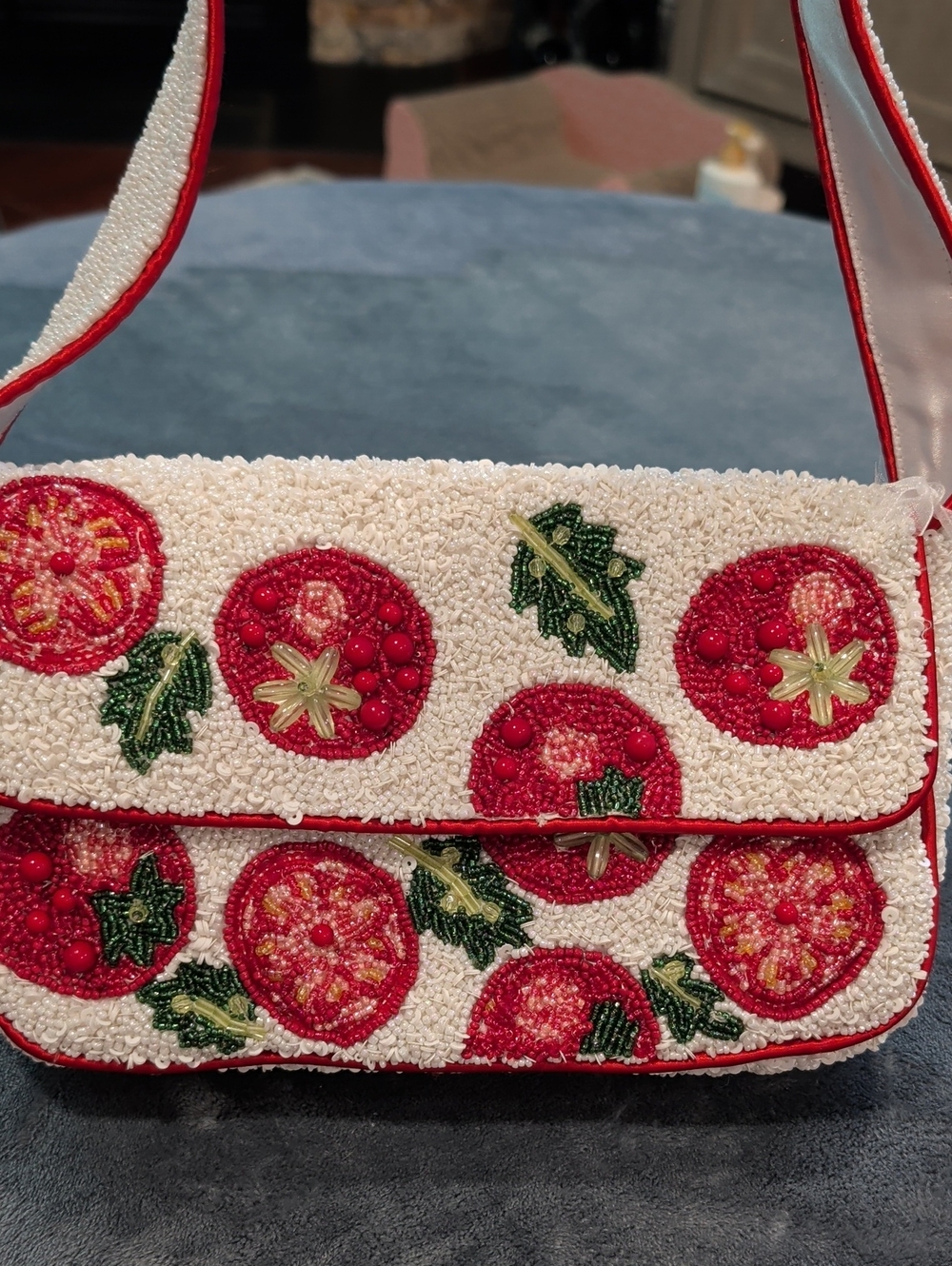 Embroidered Beaded Tomato Appliqué Shoulder Bag - White & Red